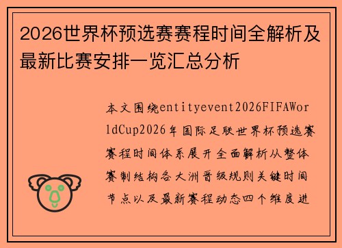 2026世界杯预选赛赛程时间全解析及最新比赛安排一览汇总分析